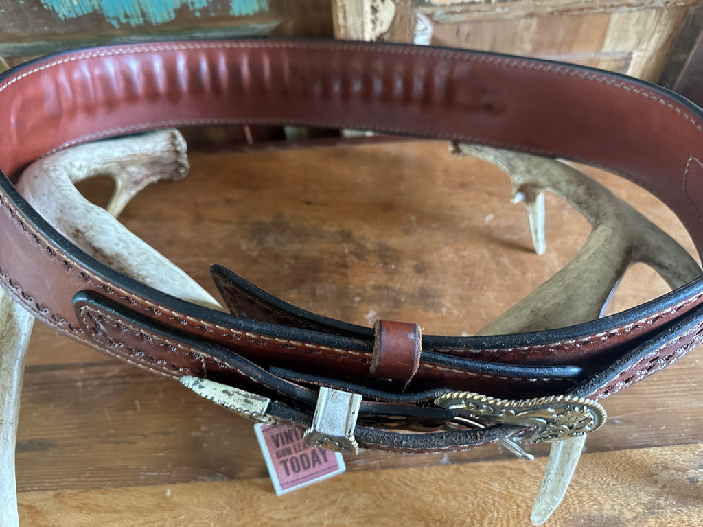 Custom Western Brown Leather 45 LC 44 Lined Stamped Cartridge Gun Belt 39 to 47"