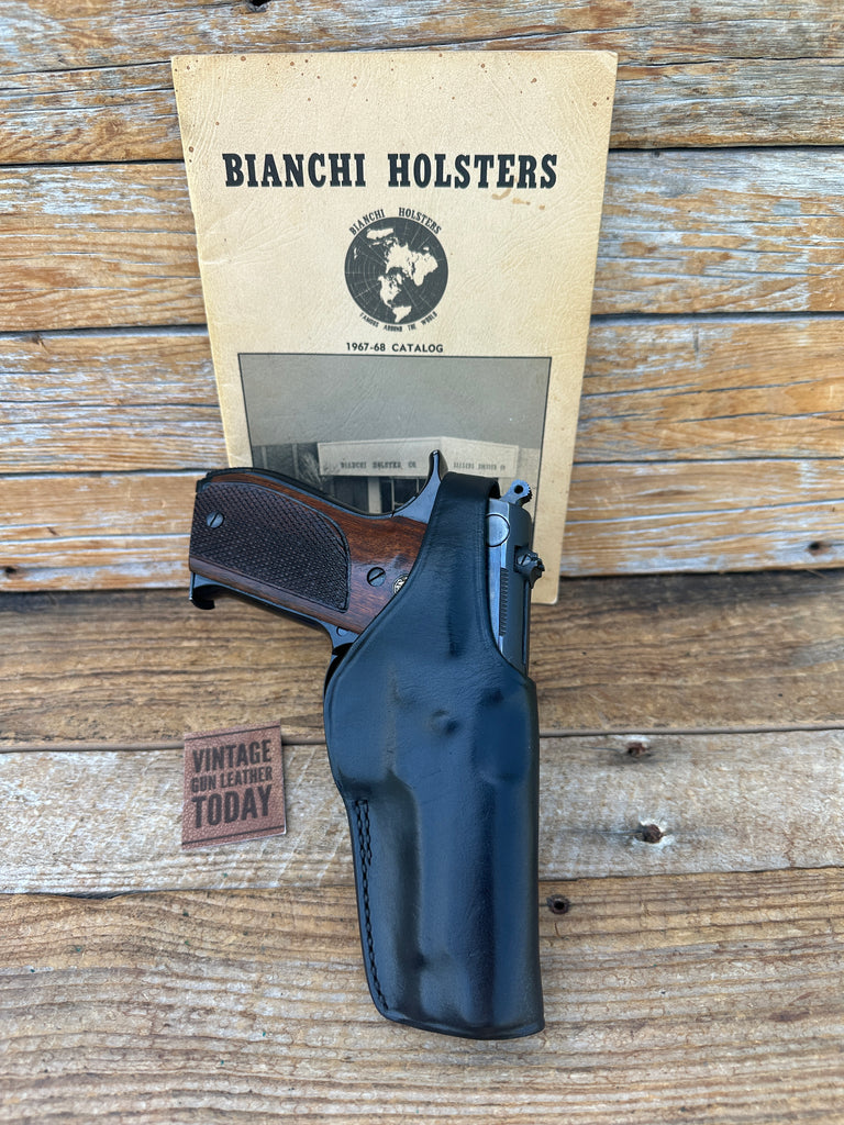 Vintage 60s 70s Bianchi Black Leather OWB Holster For S&W 9mm 39 59 Round