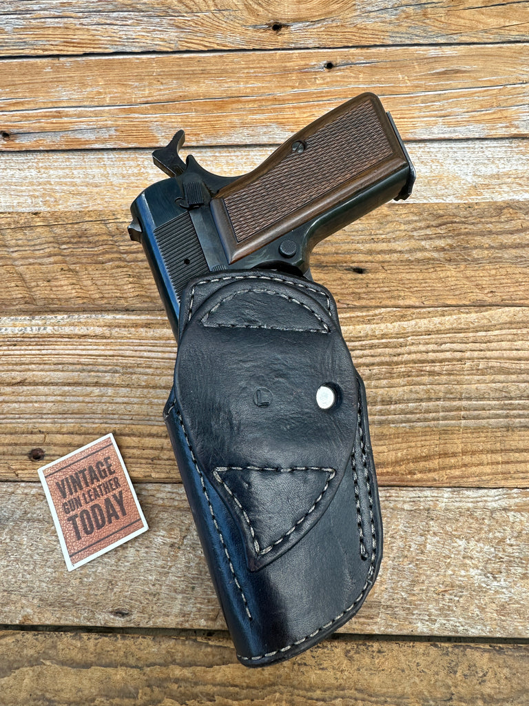 Vintage Black Leather Fancy Stitched Smooth Lined Holster For Browning Hi Power