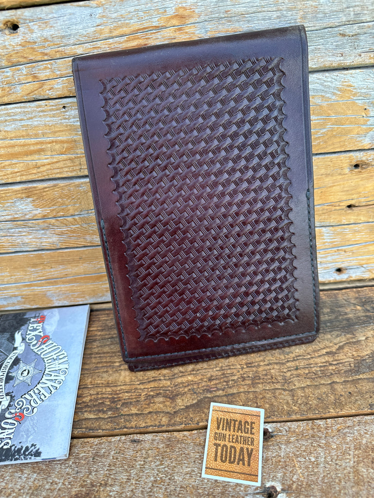 Tex Shoemaker Brown Basketweave Leather Note Book Cover Holder 9.5" X 6.5"