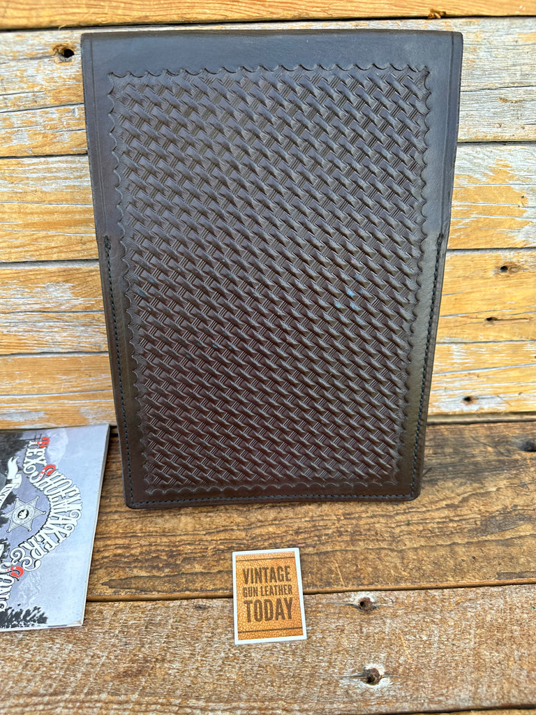 Tex Shoemaker Brown Basketweave Leather Note Book Cover Holder 10 5/8 x 7 1/2"