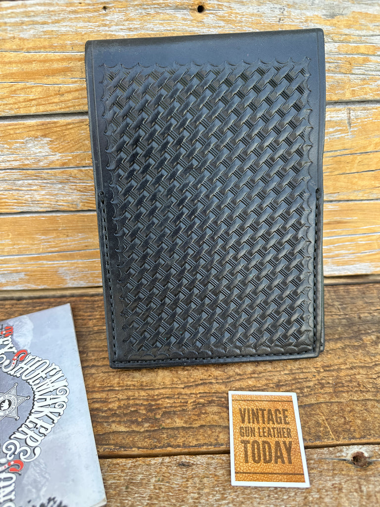 Tex Shoemaker Black Basketweave Leather Note Book Cover Holder 7 3/4" X 5 1/2"