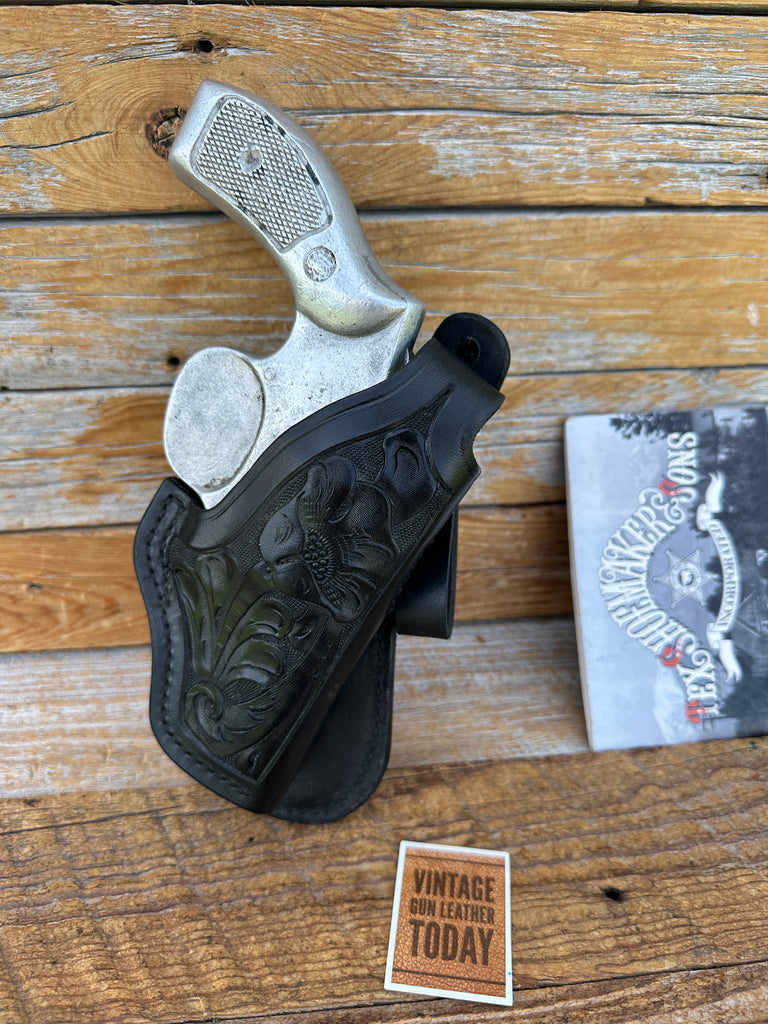 Vintage Tex Shoemaker Black Leather Floral Carved Holster For Medium K Revolver