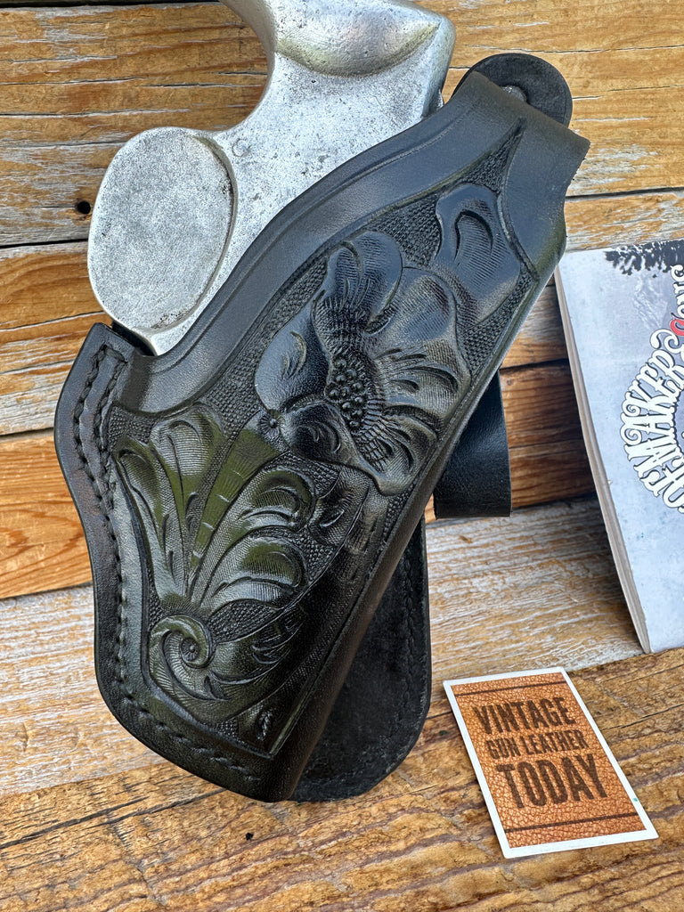 Vintage Tex Shoemaker Black Leather Floral Carved Holster For Medium K Revolver