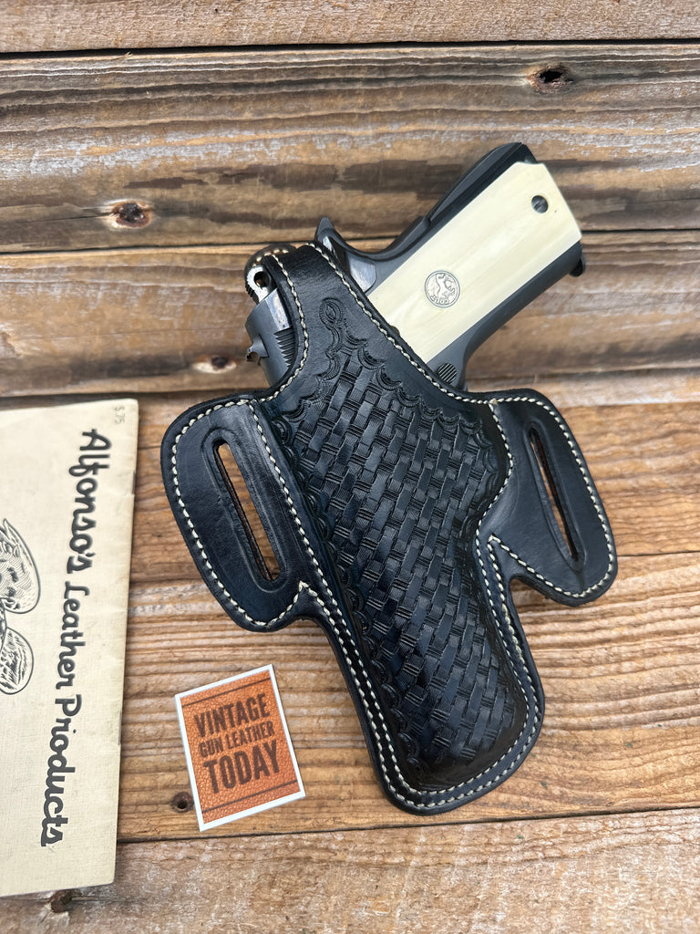 Alfonsos Black Basket Leather Suede Lined Holster for Colt 45 1911 Commander LFT
