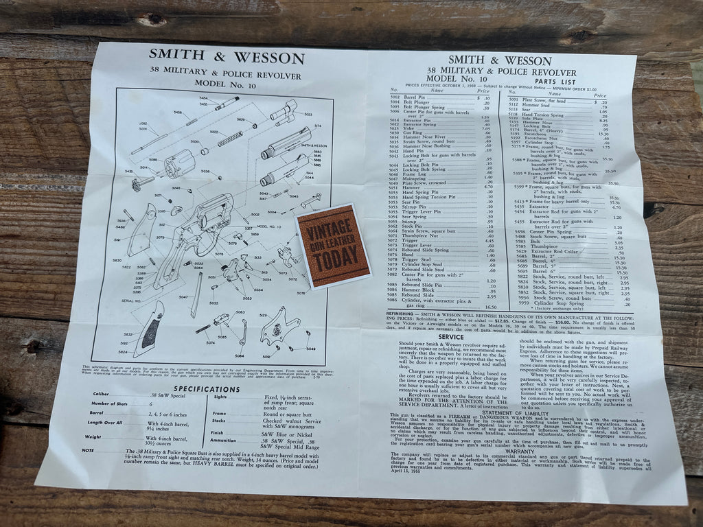 1955 Factory Original Smith & Wesson Model 10 M&P Manual S&W