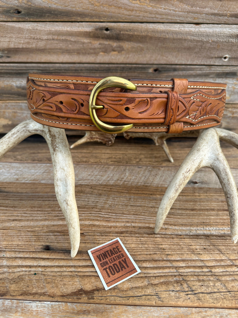Tex Shoemaker Border Patrol Style Brown Floral Carved Leather Holster Gun Belt