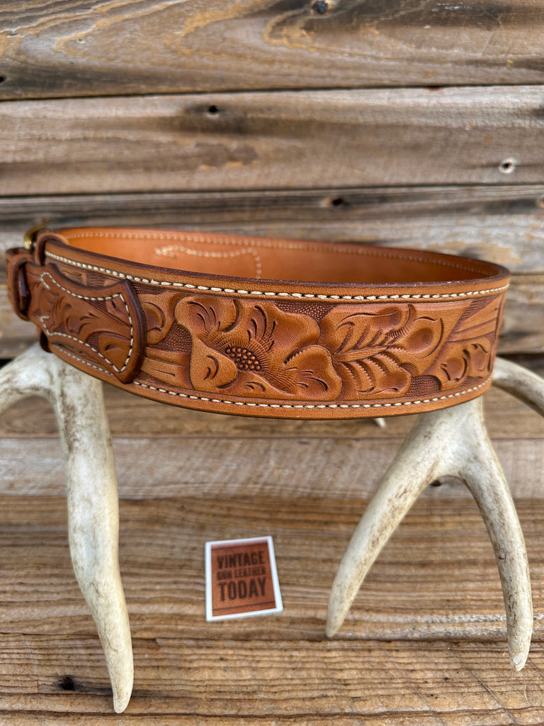 Tex Shoemaker Border Patrol Style Brown Floral Carved Leather Holster Gun Belt