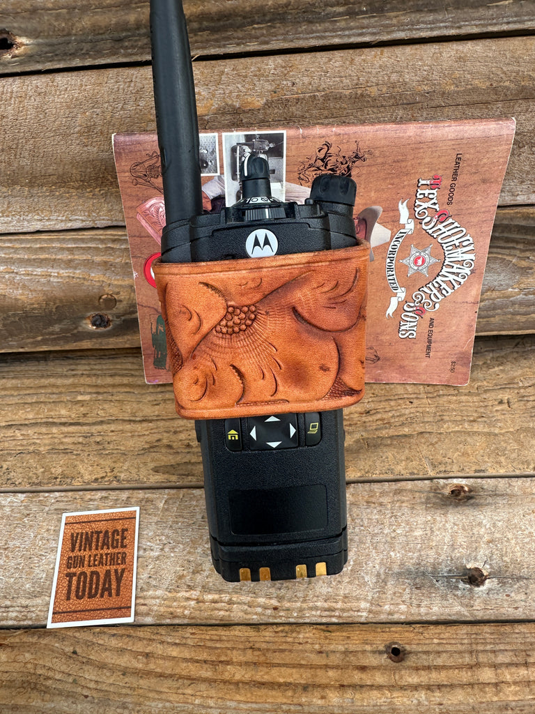 Tex Shoemaker Brown Floral Carved Radio / Walkie / Portable Holder For Motorola