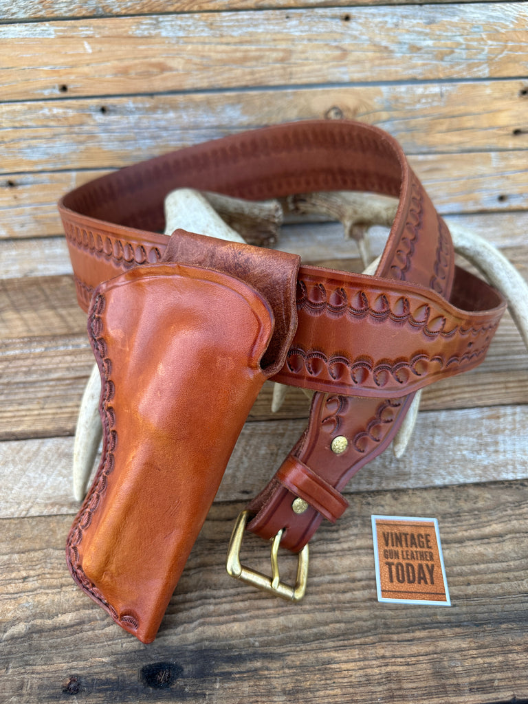 Simply Rugged Stamped Brown Leather Gun Belt w/ Holster For Ruger Vaquero 3.75"