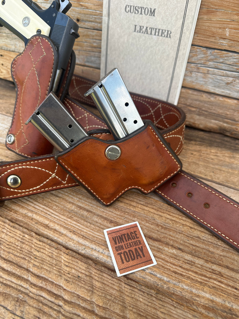 Vintage Andrews Brown Leather Fancy Stitched IPSC Holster Magazine Carrier Set