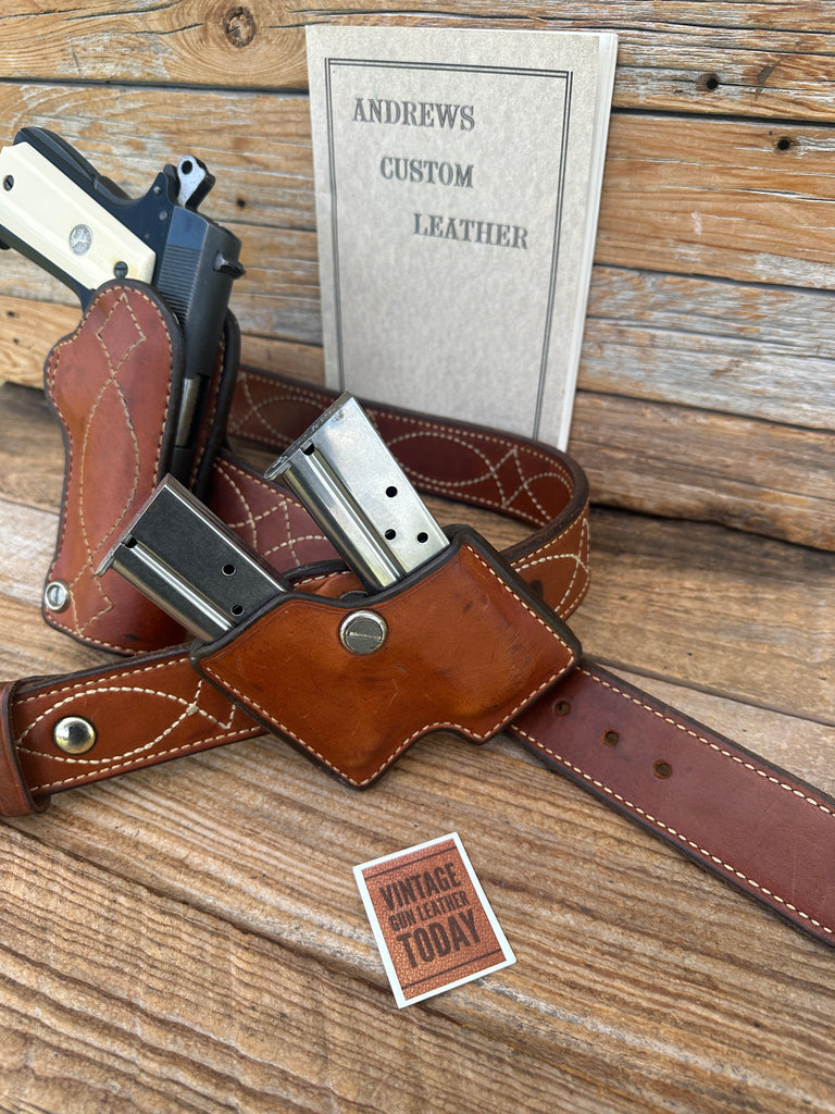 Vintage Andrews Brown Leather Fancy Stitched IPSC Holster Magazine Carrier Set