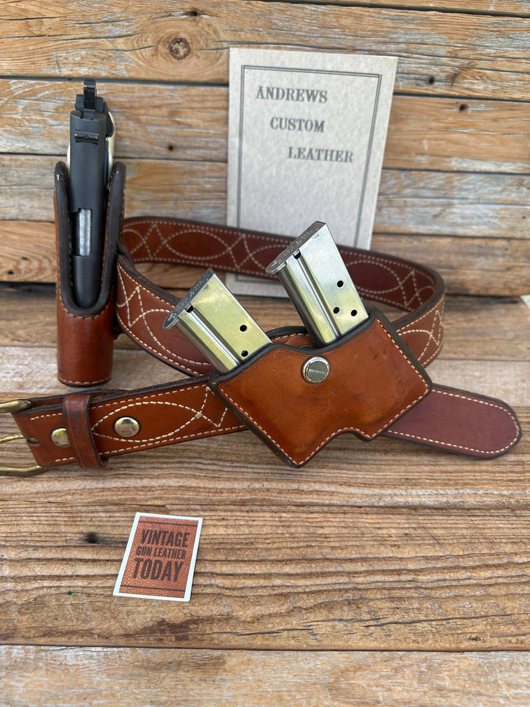 Vintage Andrews Brown Leather Fancy Stitched IPSC Holster Magazine Carrier Set