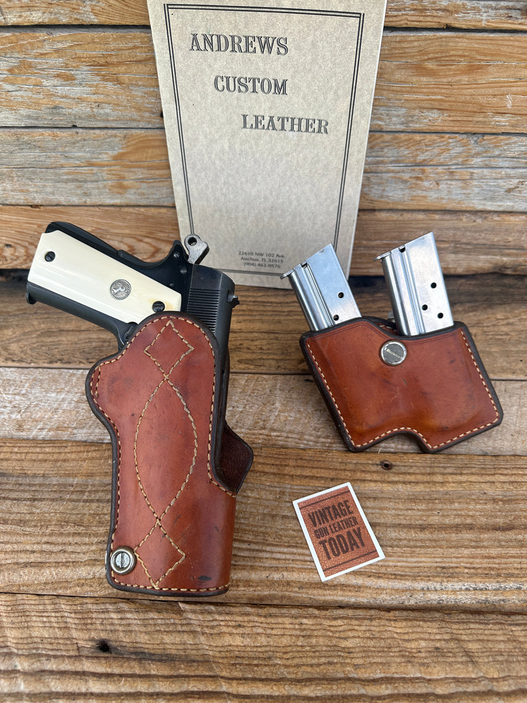 Vintage Andrews Brown Leather Fancy Stitched IPSC Holster Magazine Carrier Set