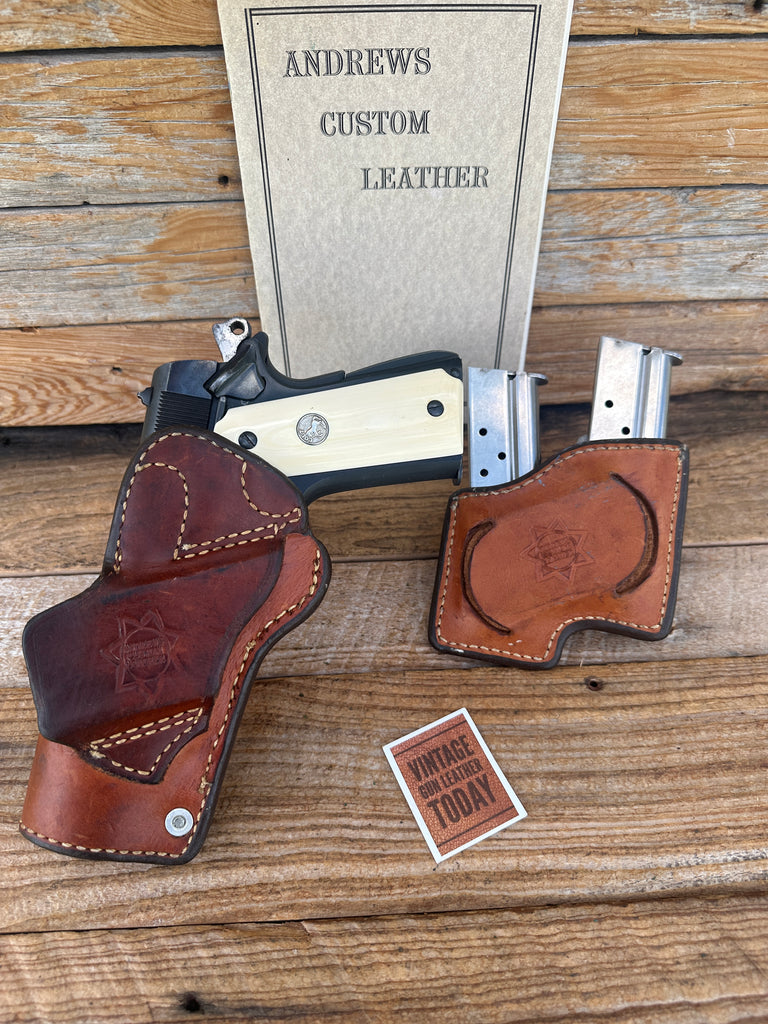 Vintage Andrews Brown Leather Fancy Stitched IPSC Holster Magazine Carrier Set