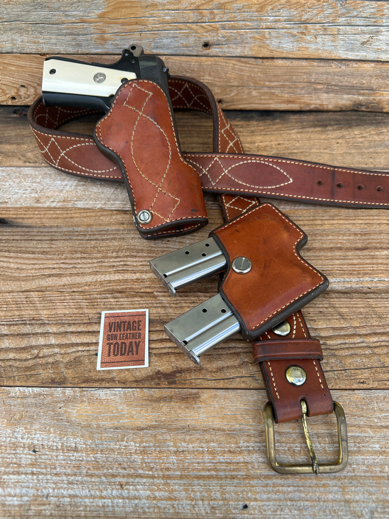 Vintage Andrews Brown Leather Fancy Stitched IPSC Holster Magazine Carrier Set