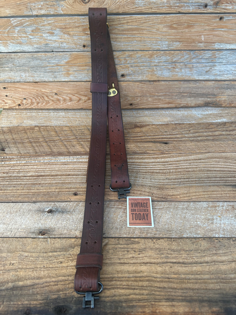 Vintage Brown Leather Floral Stamped Military Style Adjustable1.25"  Rifle Sling