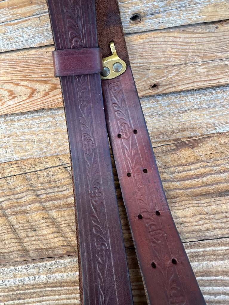 Vintage Brown Leather Floral Stamped Military Style Adjustable1.25"  Rifle Sling