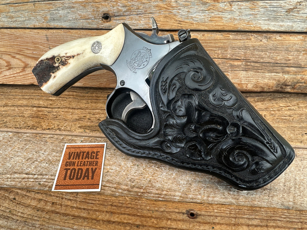 Vintage Black Floral Carved Leather Cross Draw Holster for S&W K 2.5" Mod 19 15