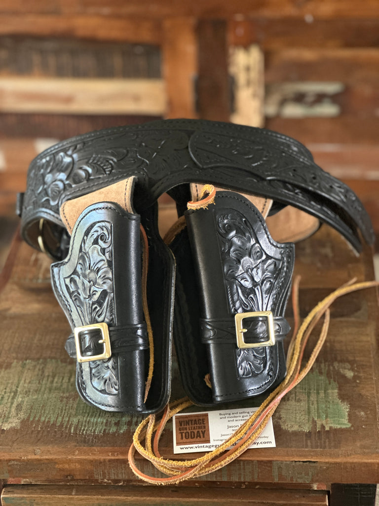 Vintage Tex Shoemaker Floral Carved Western Gunbelt Holsters For Vaquero 4 5/8