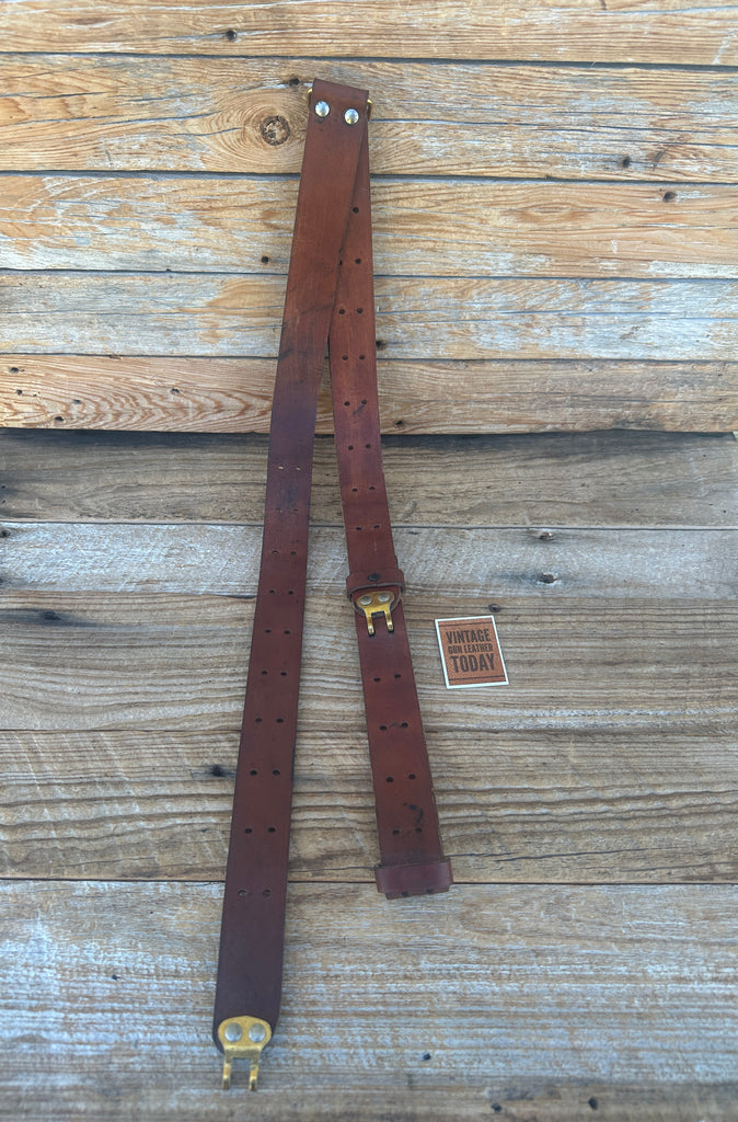 Vintage 1 1/4" Wide Brown Leather Military Style Adjustable Rifle Sling #3