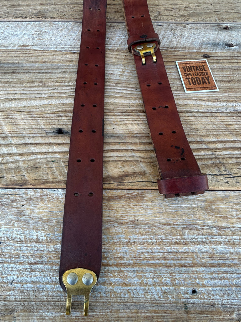 Vintage 1 1/4" Wide Brown Leather Military Style Adjustable Rifle Sling #3