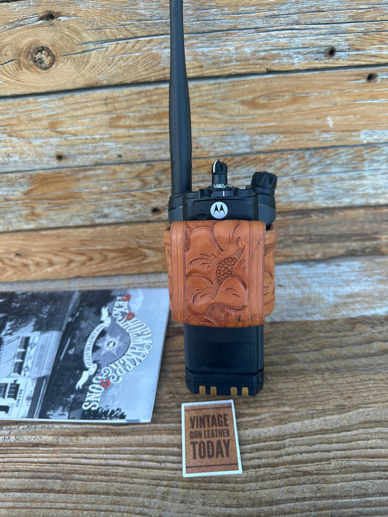 Tex Shoemaker Brown Floral Carved Radio / Walkie / Portable Holder For Motorola