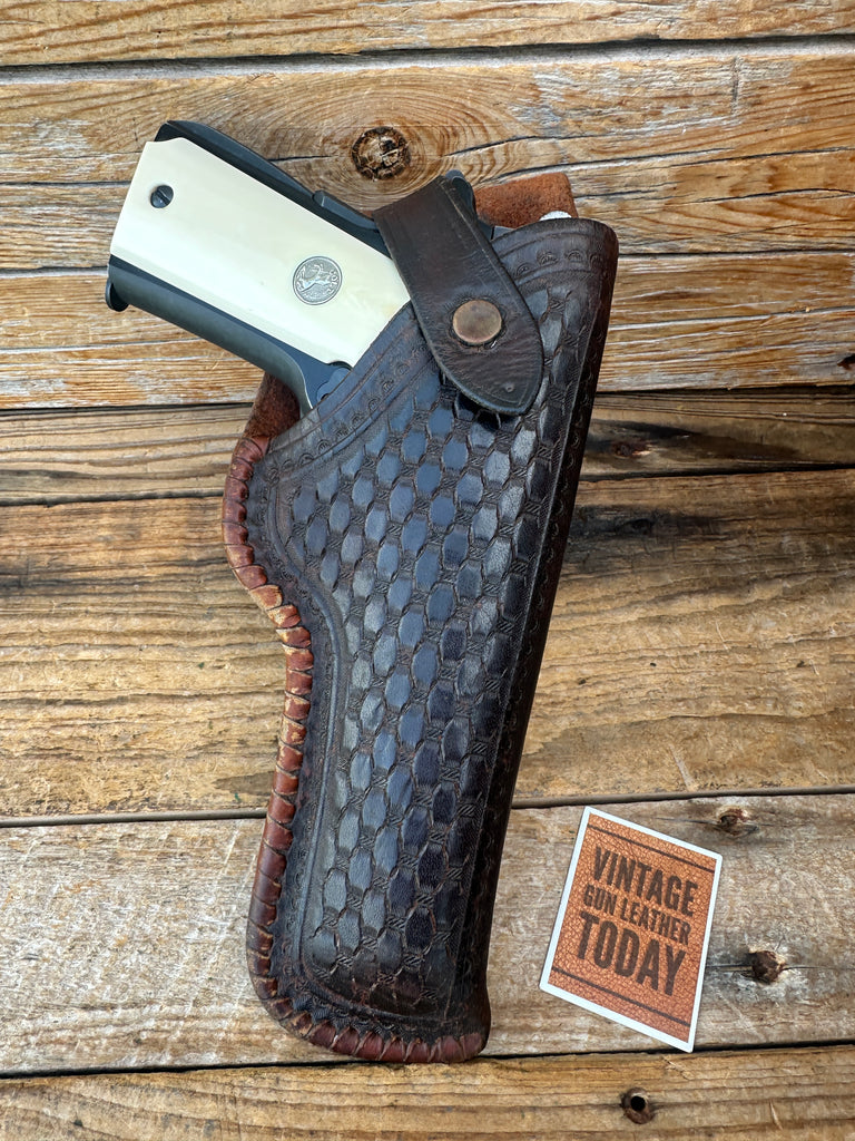 Vintage L.A. SNARR Brown Basket Stamped Leather Laced Holster For Colt 45 1911