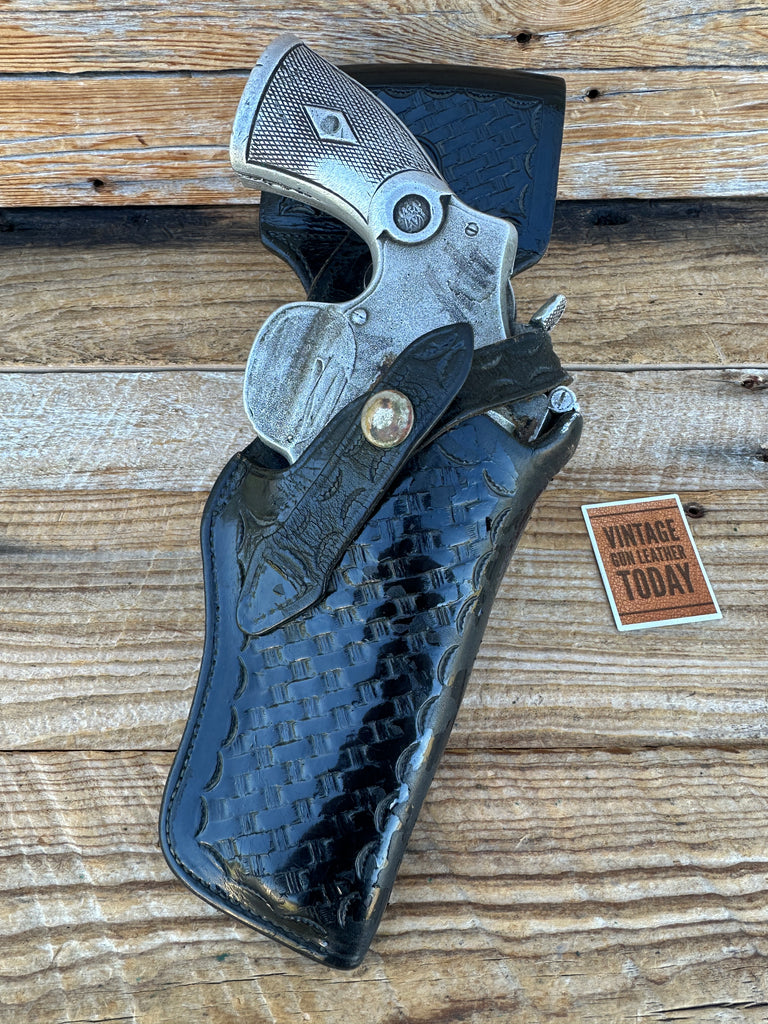 Vintage Black Basket Stamped Leather Swivel Holster for 4" S&W Large N Revolver