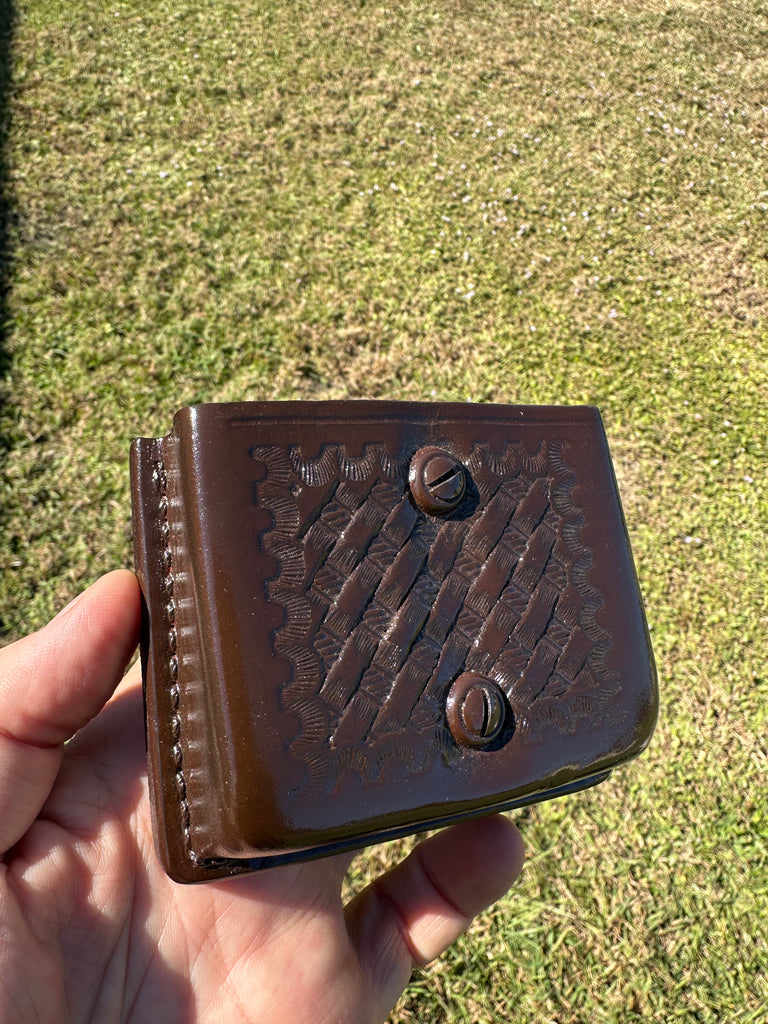 Vintage Don Hume Fairfax Brown Basket Leather Open Top Double Magazine Carrier