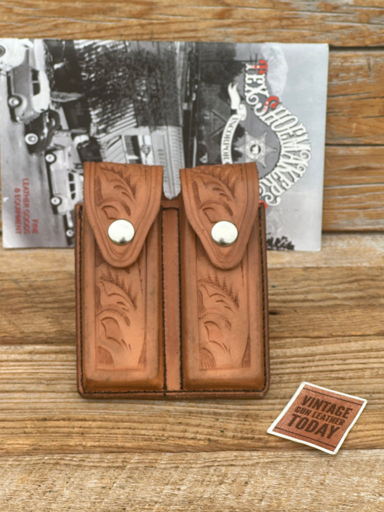 Vintage Tex Shoemaker Brown Floral Carved Double Magazine Carrier 45 1911 BS