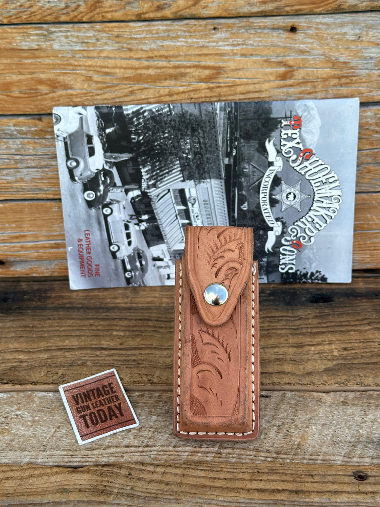 Vintage Tex Shoemaker Floral Carved Brown Leather Magazine Carrier Steel Single,
