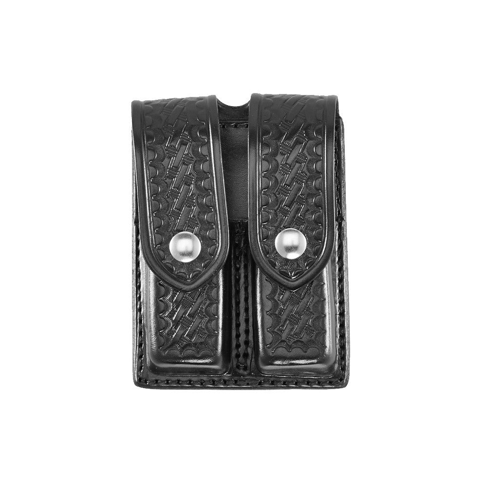 AKER Black Basketweave Leather Double Magazine Carrier For 9mm 40 Double Stack