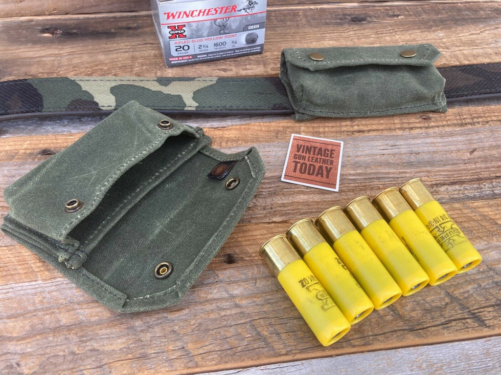 Waxed OD Green Canvas 6 Round .20 Gauge Shotgun Shell Pouch Carrier Military