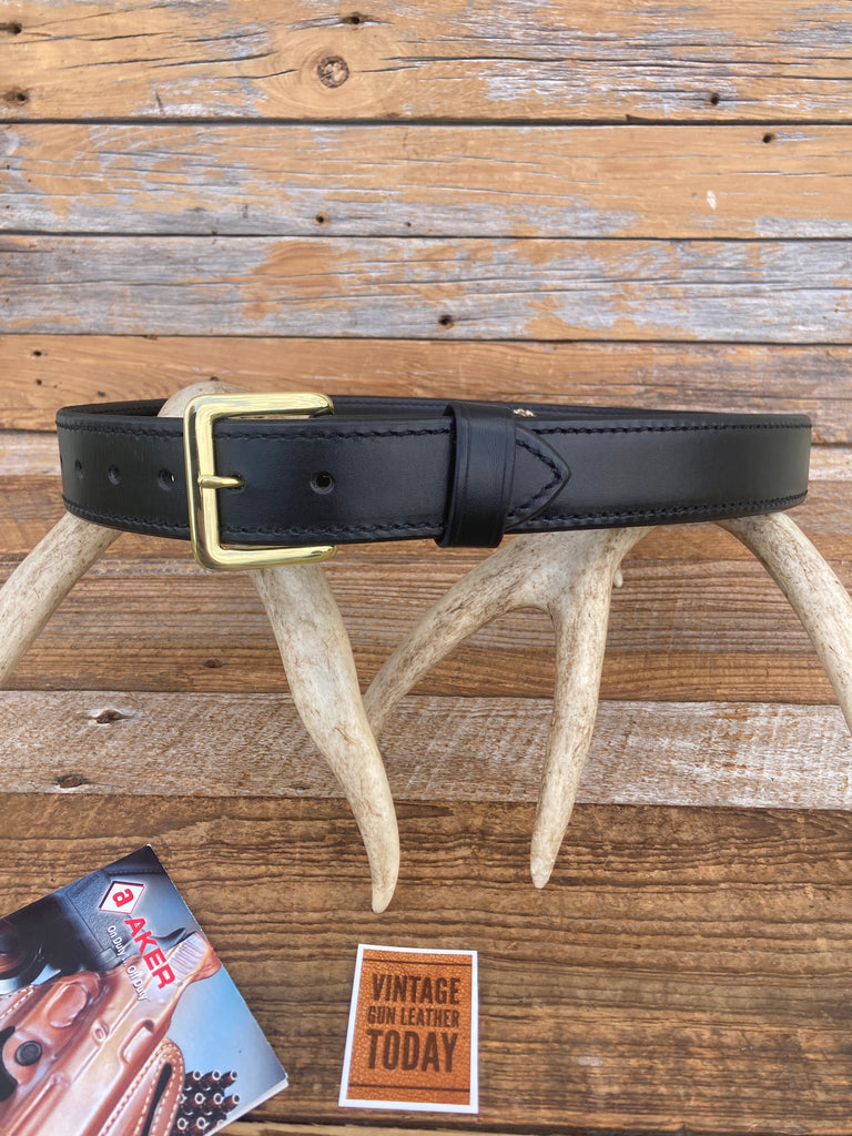 AKER Black Leather Reinforced 1.5" Gun Belt Size 36    33.25" to 37.25" Brass