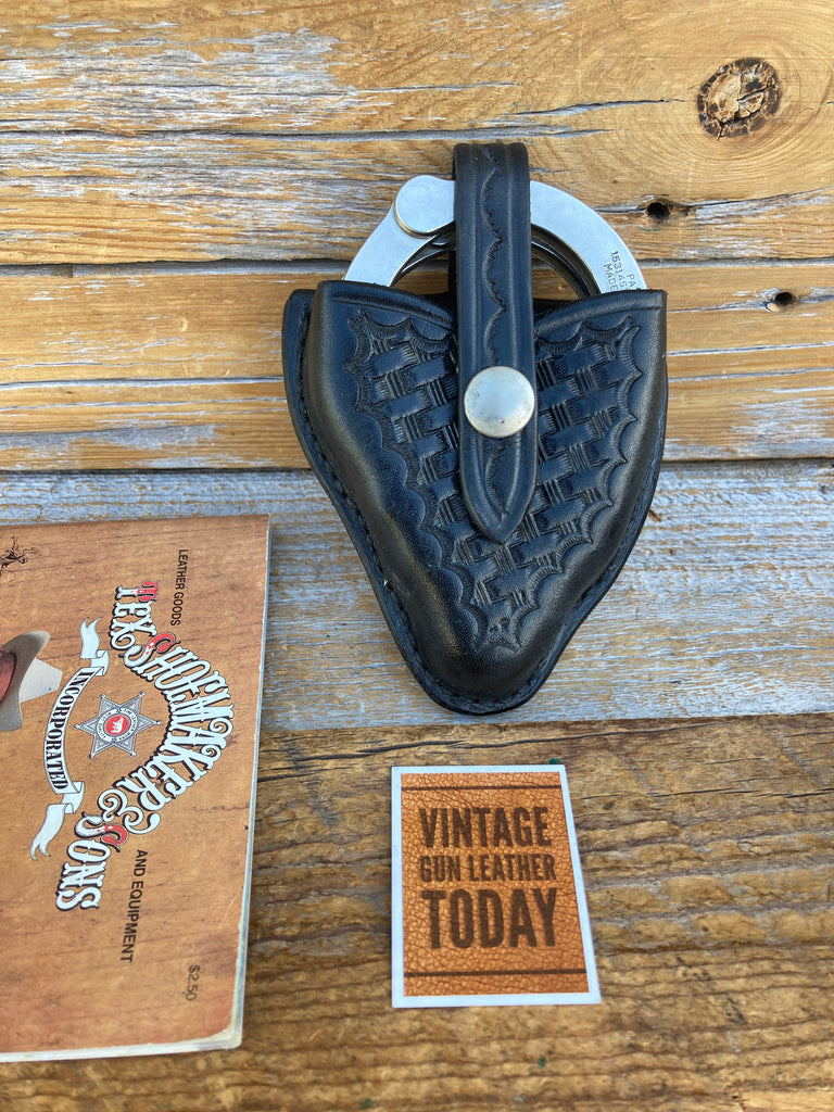 Vintage Tex Shoemaker 154 Black Basket Leather Open Top Chain Cuff Case 1  3/4"