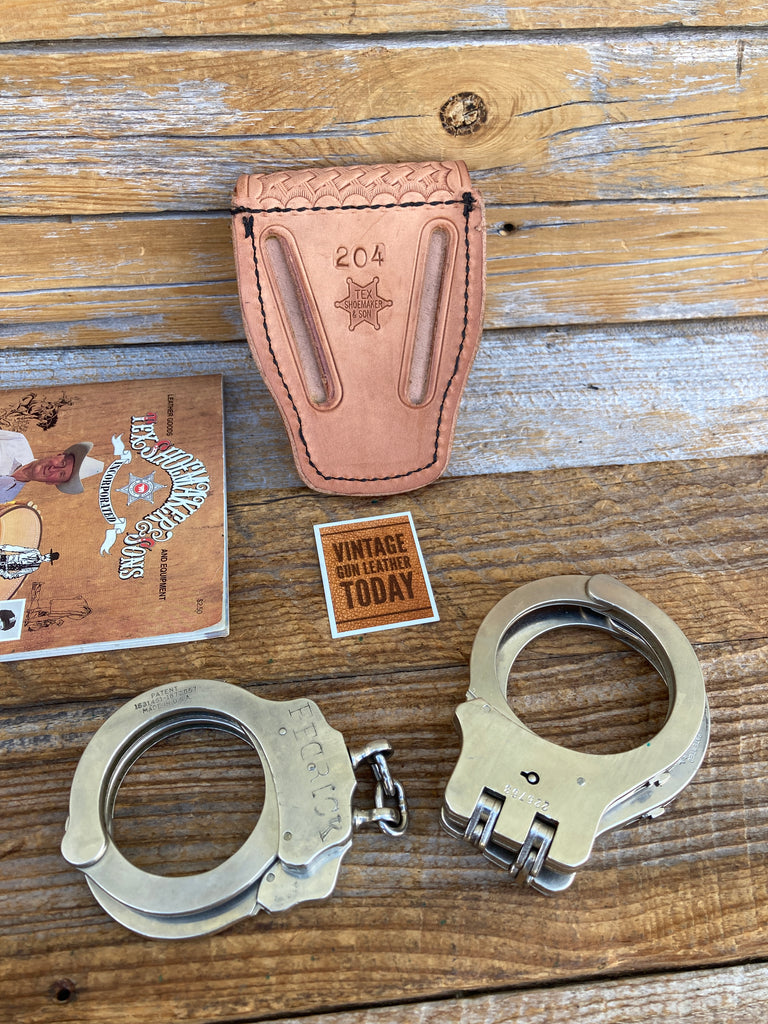 Tex Shoemaker 204 Brown Basket Leather Cuff Case Chain / Hinge Handcuff Nickel