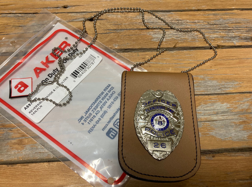 AKER  Brown Leather Shield Badge Neck Badge ID Holder Holder on Raid Chain