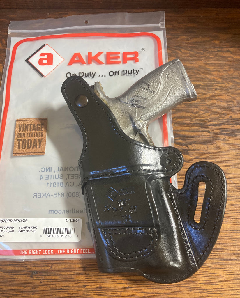 Discontinued AKER Black Leather OWB Holster For S&W M&P 40 Surefire x300 Light