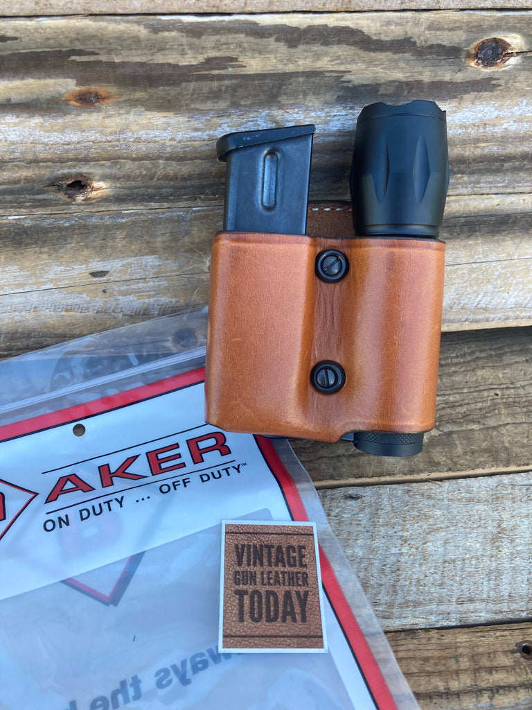 AKER Brown Leather Paddle Double Stack 9 Magazine Flashlight Holder 1" Diameter