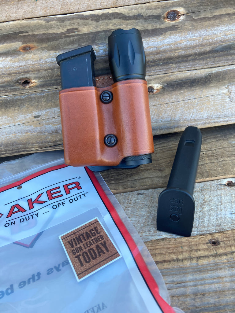 AKER Brown Leather Paddle 9mm 40 Magazine Carrier Flashlight Holder For GLOCK
