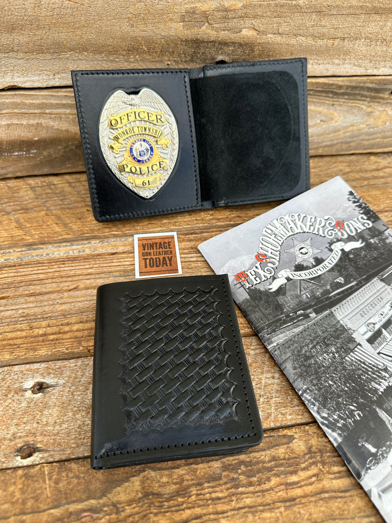 Vintage Tex Shoemaker Black Basket Leather Badge 2 ID Holder 3 1/8 x 2 1/4" N.C.