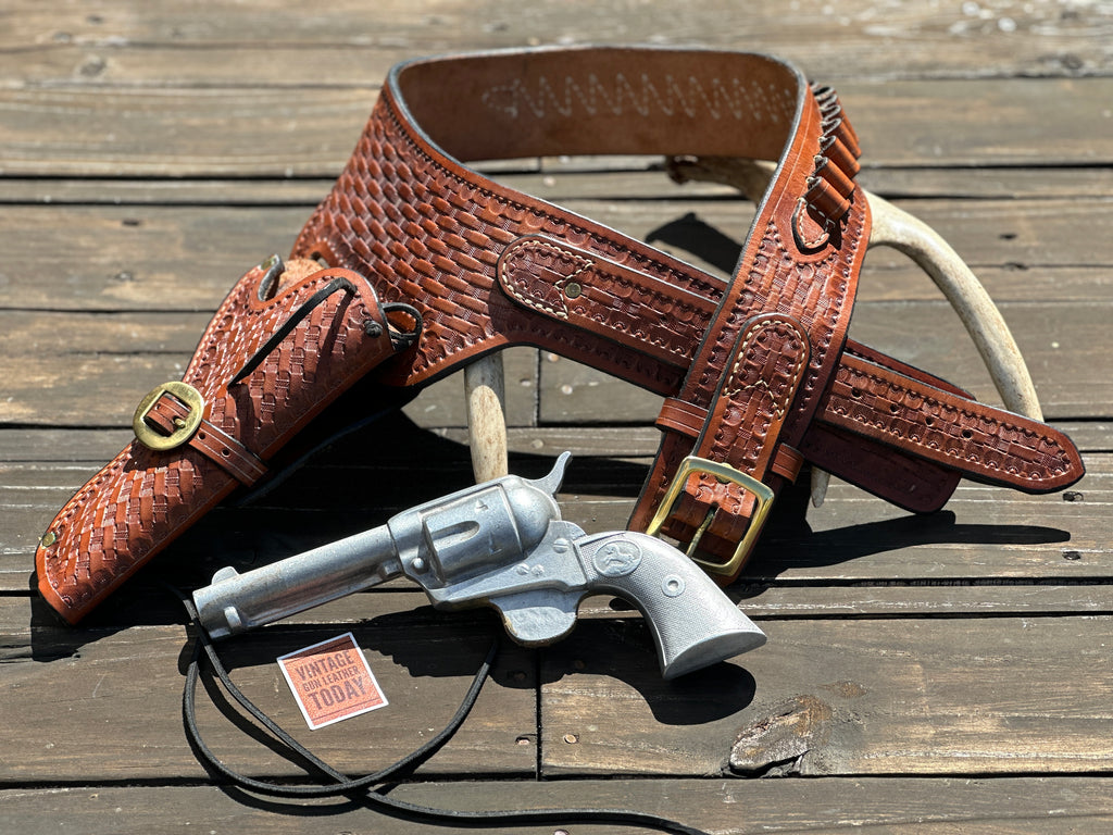Custom Brown Leather Western Basket Cartridge Gun Belt For Colt SAA 4.5" Right