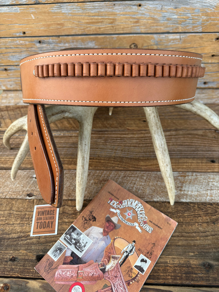 Vintage Tex Shoemaker Brown Leather Lined .22 Cartridge Gun Belt 41.5" to 45.5"