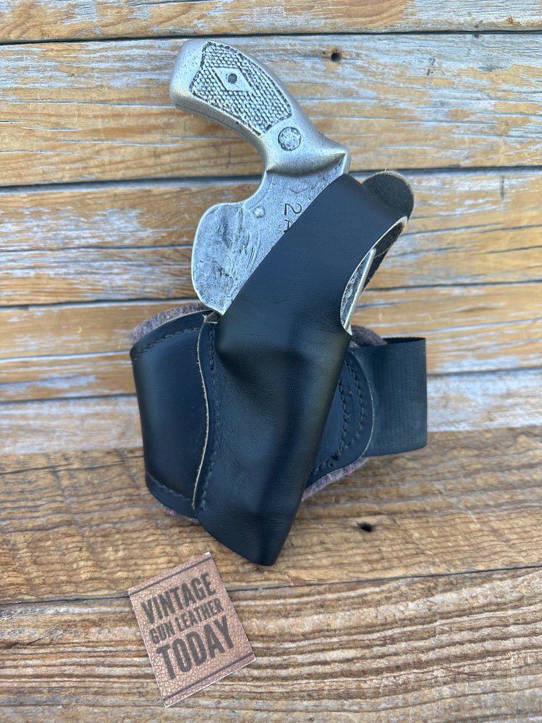 Vintage Plain Black Leather Ankle Holster Rig Padded For S&W J Revolver 3 Right