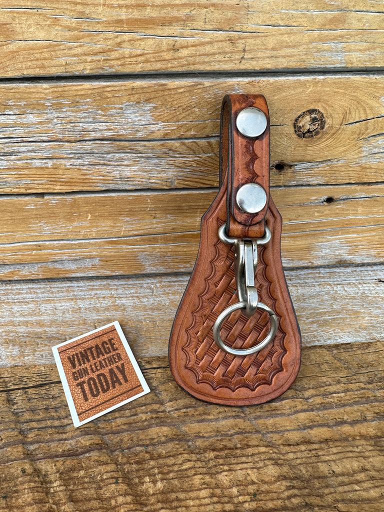 Vintage Safety Speed Natural Brown Basketweave Duty Key Flap Fob Holder Ring #2