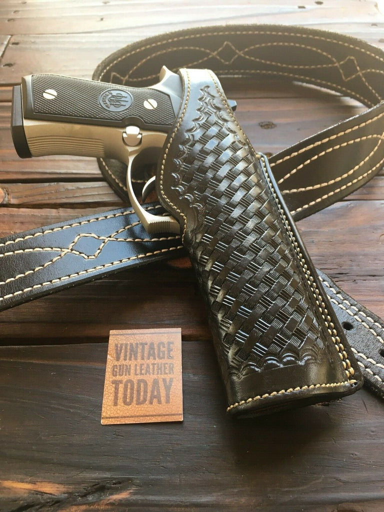 Vintage Alfonsos Black Basketweave Leather Suede Lined Holster For Beretta 92F 96D