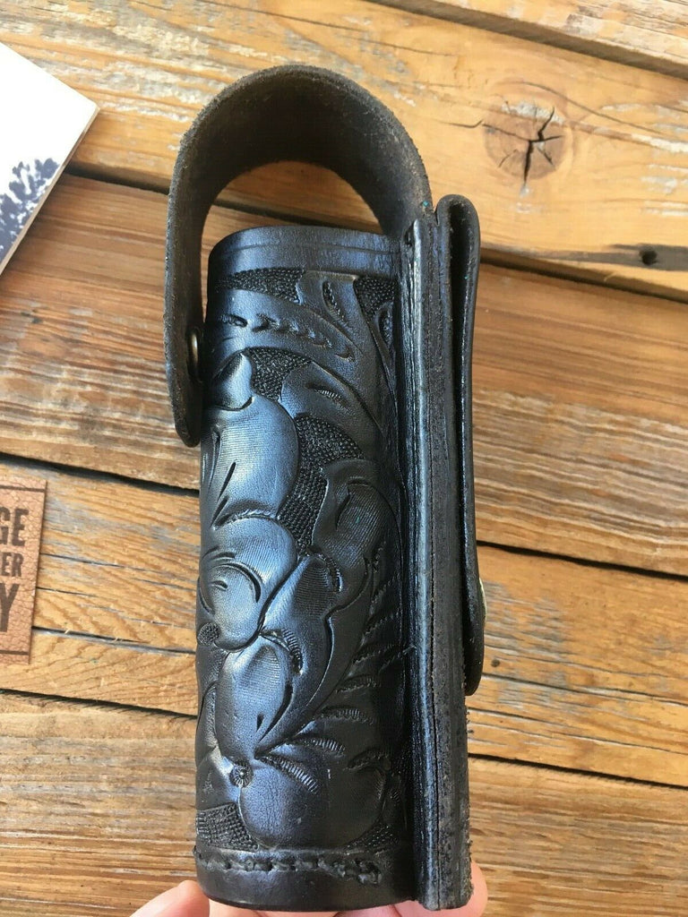 Tex Shoemake Black Leather Floral Carved 92A 1 1/2" Round 6 1/2" Long OC Holder
