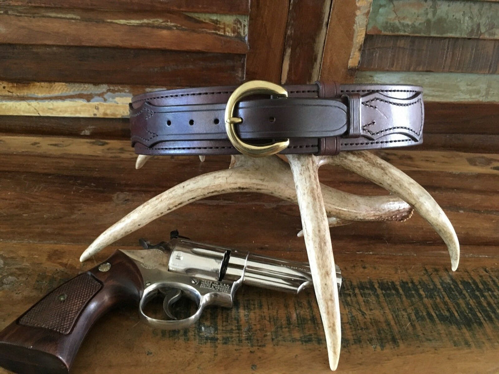 Tex Shoemaker Western Brown Leather Boarder Patrol Gun Belt Lined Brass 30" 34"