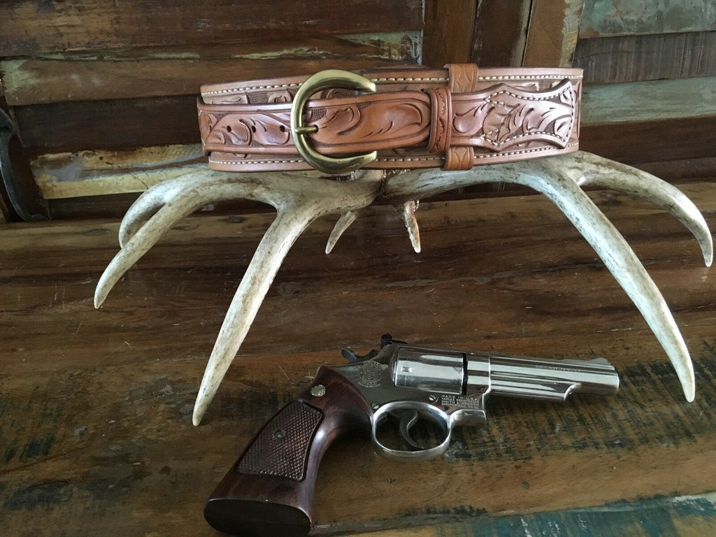 Tex Shoemaker Border Patrol Style Brown Floral Carved Leather Holster Gun Belt